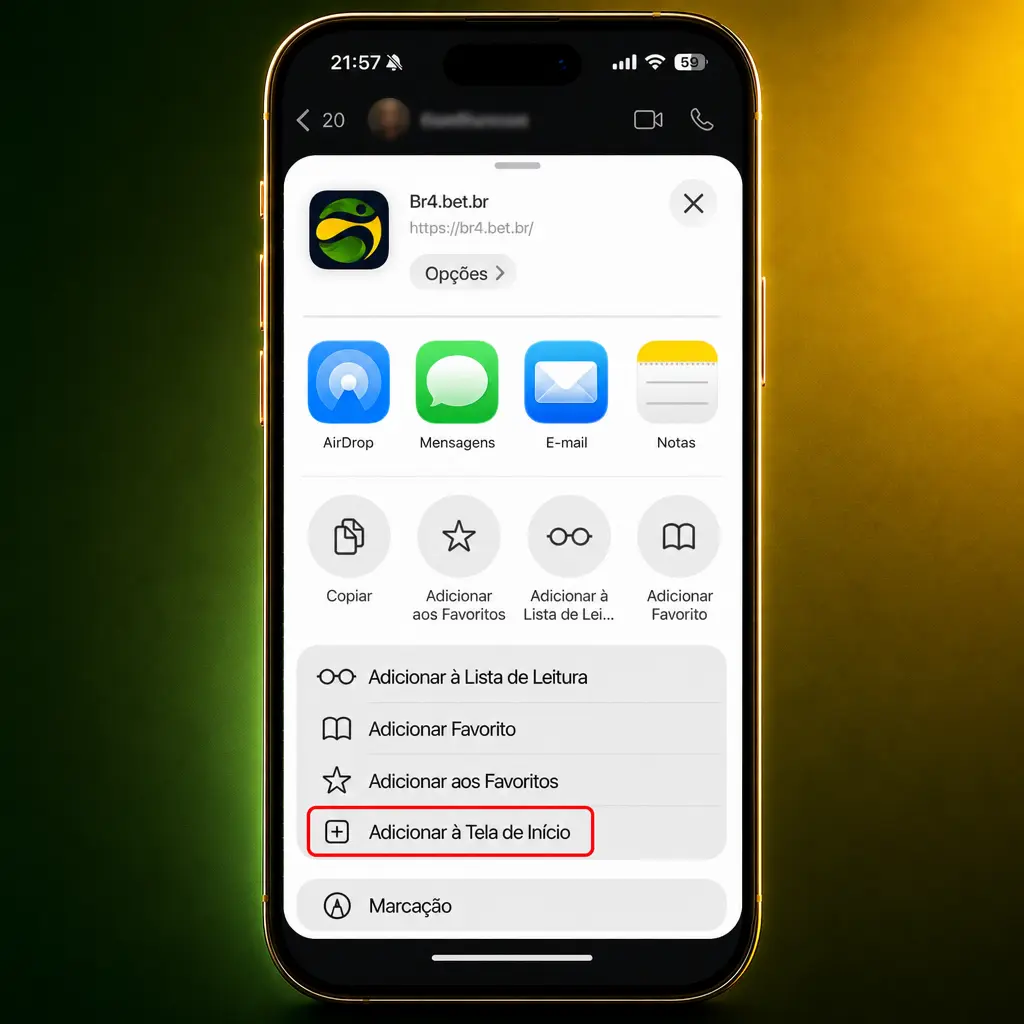 Aplicativo BR4bet para iOS via PWA: acesse pelo Safari e adicione à tela inicial do iPhone ou iPad.