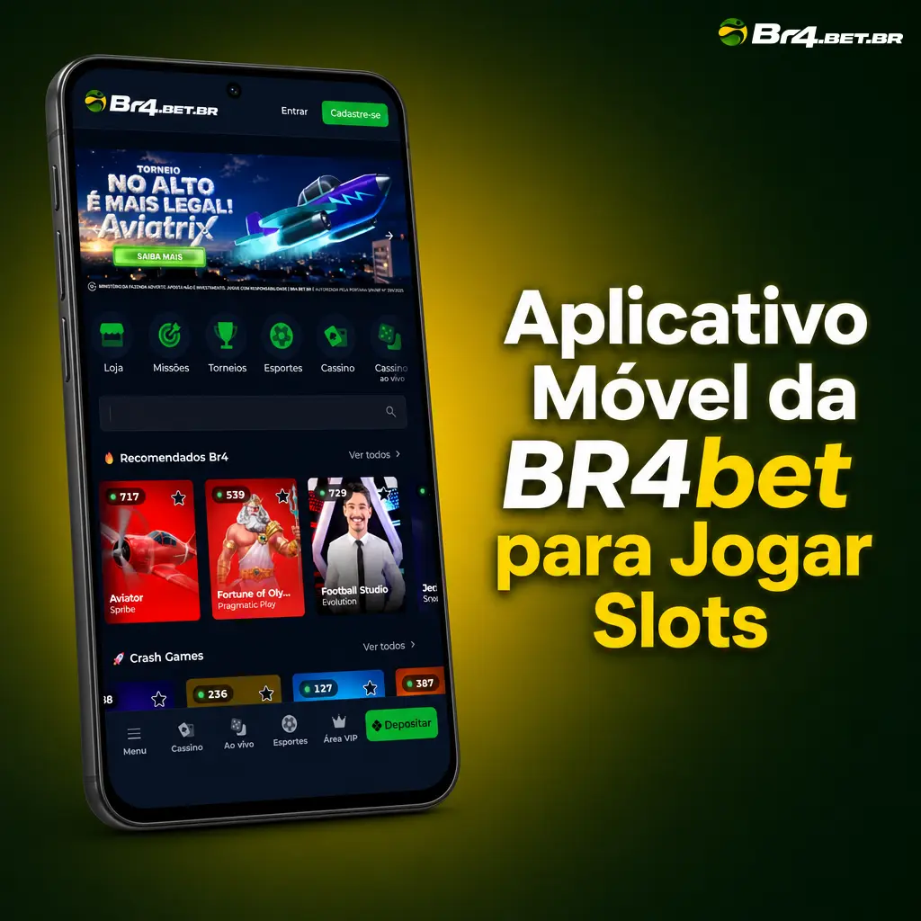 Aplicativo móvel da BR4bet para jogar slots com filtros por provedor, RTP e tema, disponível para Android e iOS.