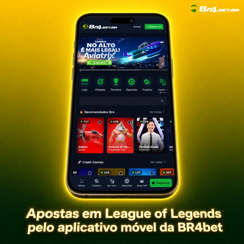 Aplicativo BR4bet para apostas em League of Legends com odds ao vivo e depósito via Pix pelo celular