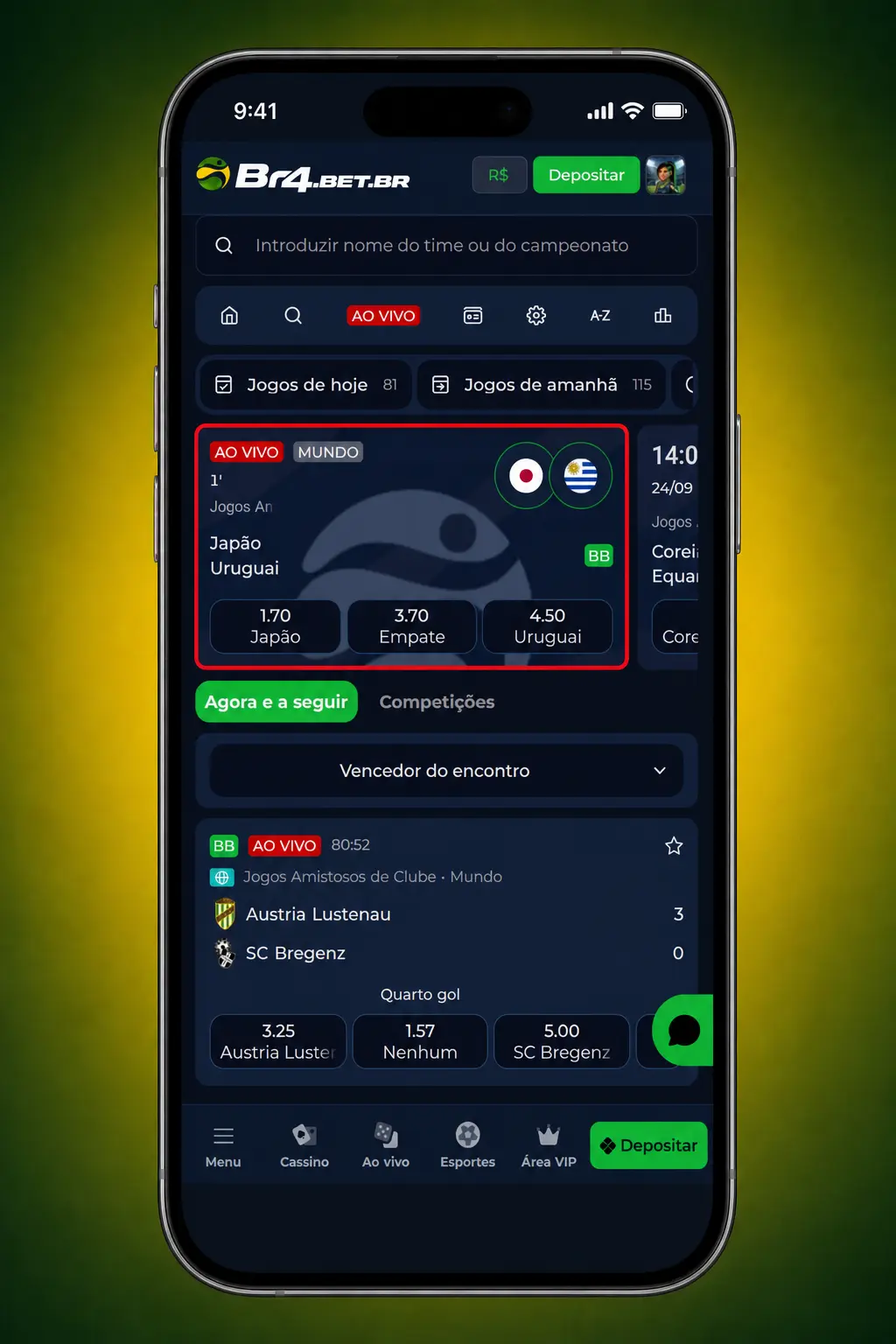 Captura de tela do app BR4bet mostrando apostas em tênis com odds ao vivo e estatísticas no celular.
