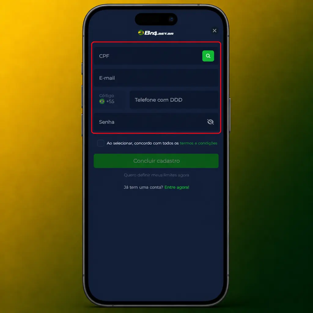 Passo a passo do cadastro na BR4bet em 5 etapas simples, direto na tela de registro.