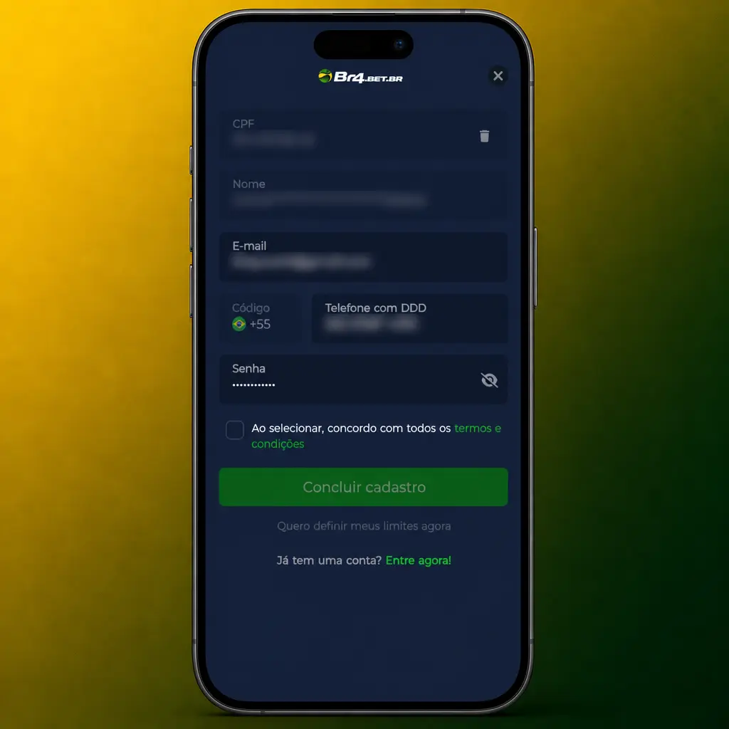 Passo a passo para cadastro na BR4bet em 5 etapas simples, com formulário de registro e dados pessoais