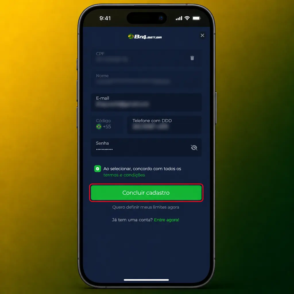 Cadastro em 5 passos na BR4bet: formulário, dados pessoais, moeda BRL, senha e confirmação de idade.