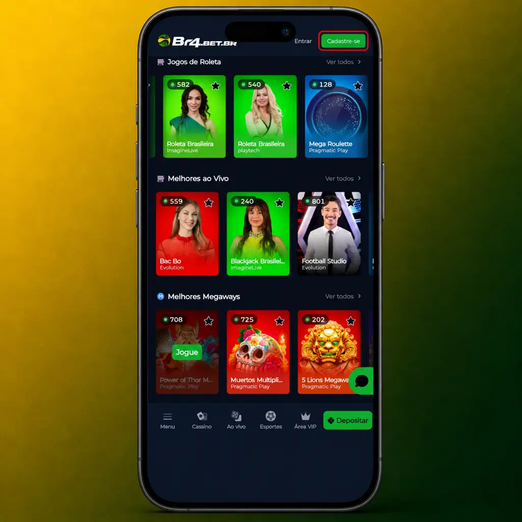 Cadastro em 5 passos na BR4bet: formulário, dados pessoais, moeda, senha e confirmação de idade.