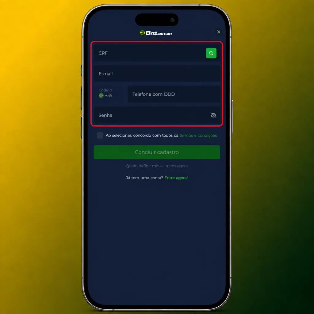 Passo a passo do cadastro no BR4bet: escolha de contato, dados pessoais, moeda BRL, confirmação de idade e validação da conta.