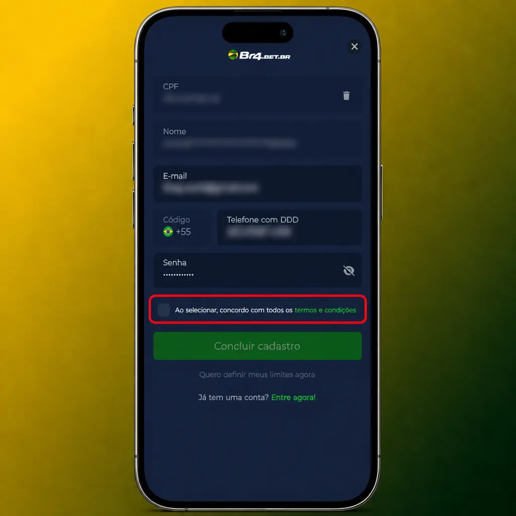 Passo a passo do cadastro no BR4bet: formulário de registro, dados pessoais, moeda BRL, senha e verificação de conta.