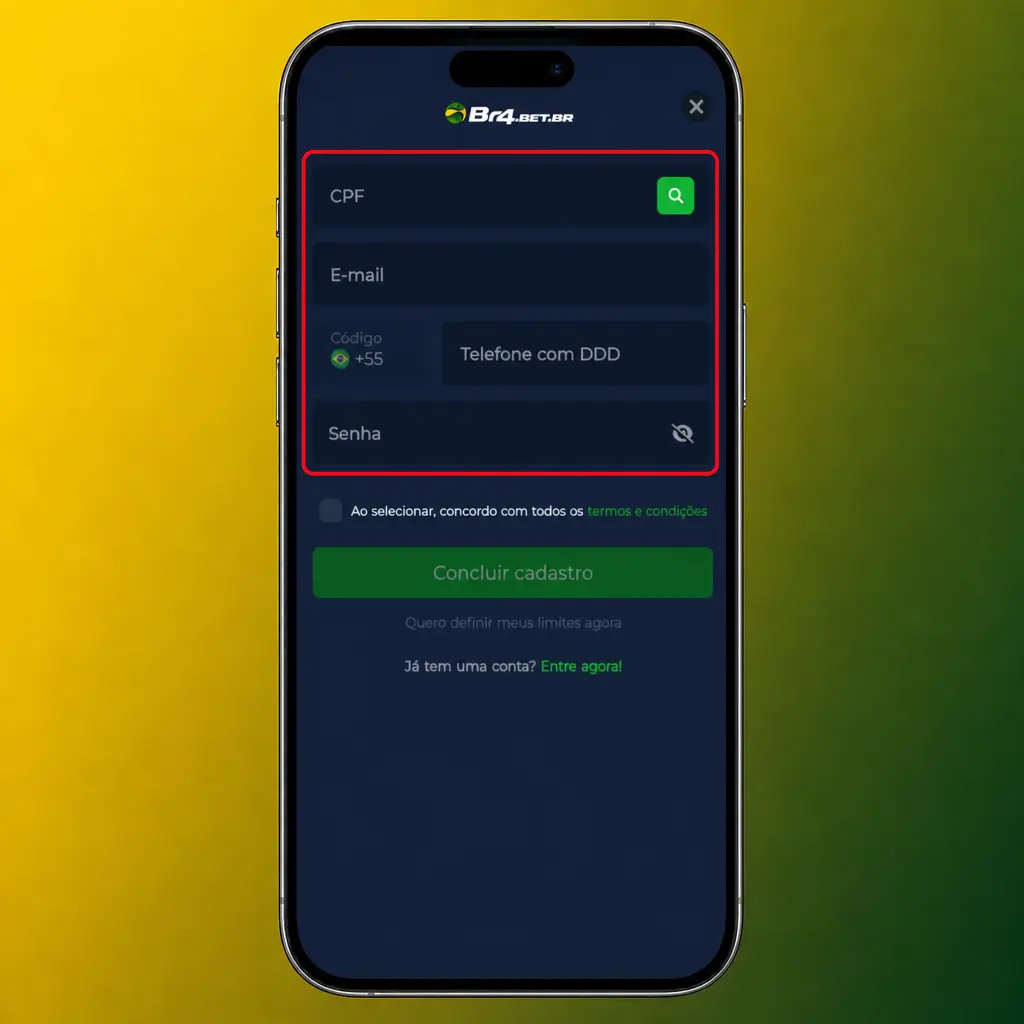 Passo a passo para criar uma conta no aplicativo BR4bet com cadastro, senha e validação.