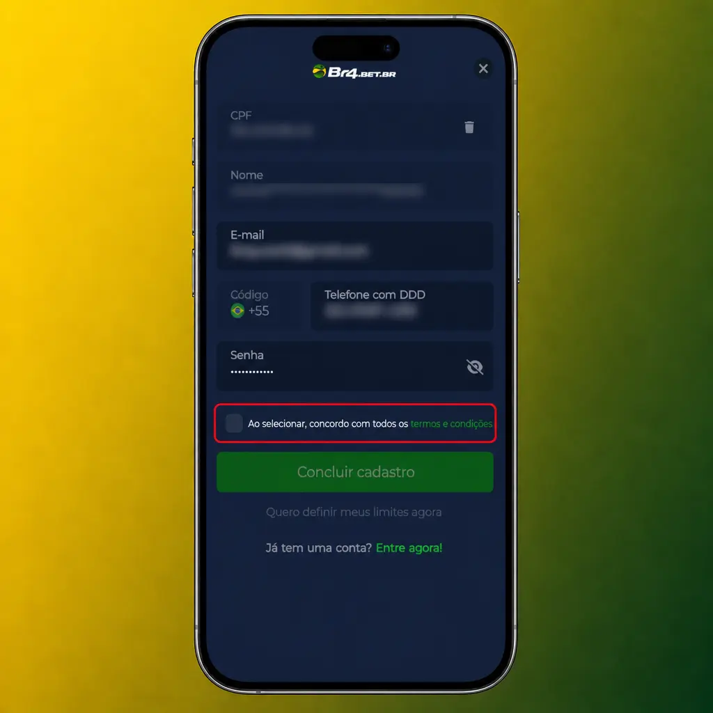Passo a passo para criar uma conta no aplicativo BR4bet com formulário de cadastro