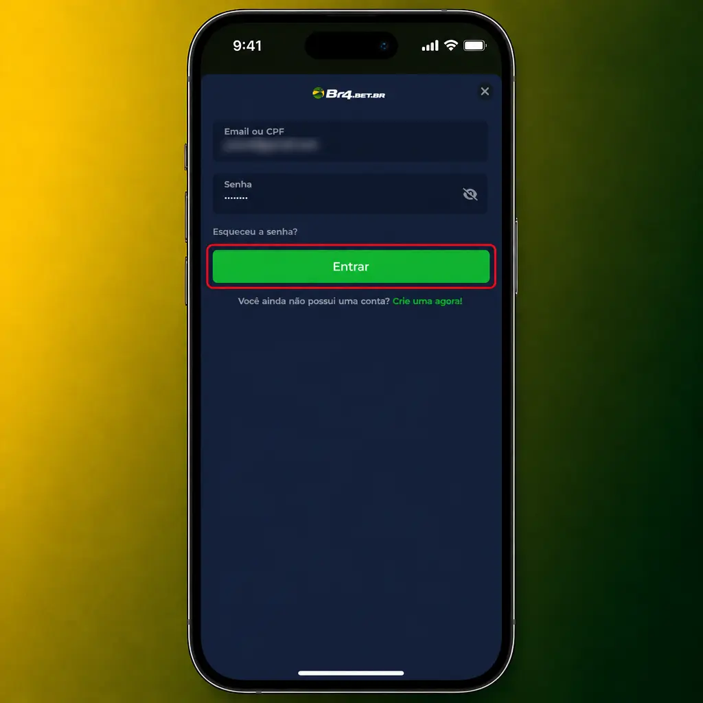 Passo a passo de como fazer login na conta, com campos de usuário, senha e botão de entrar destacados.