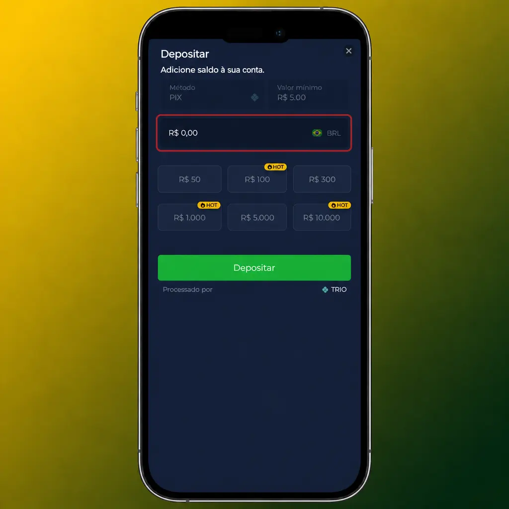 Passo a passo para fazer depósito via Pix no aplicativo BR4bet, da seleção do valor ao pagamento com QR Code.
