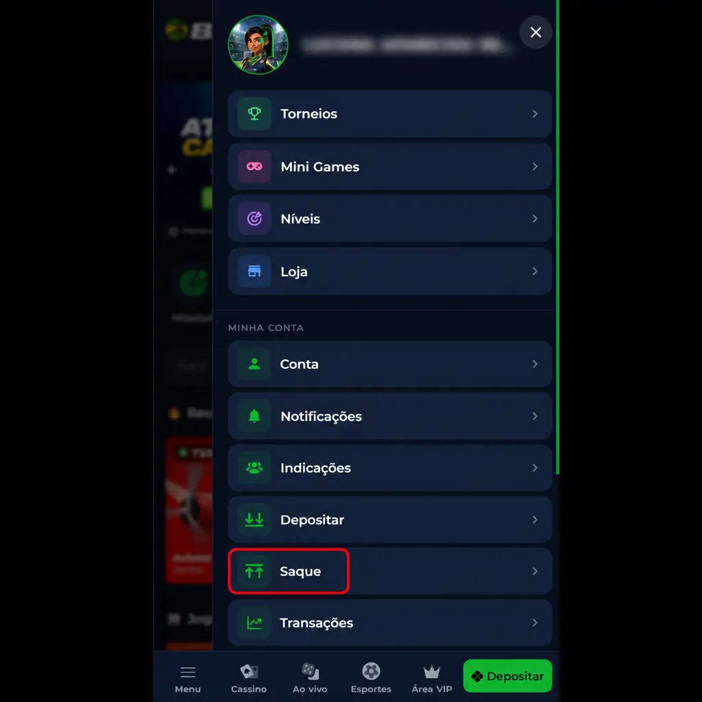 Guia passo a passo para sacar fundos via Pix, mostrando as etapas na aba Caixa da conta