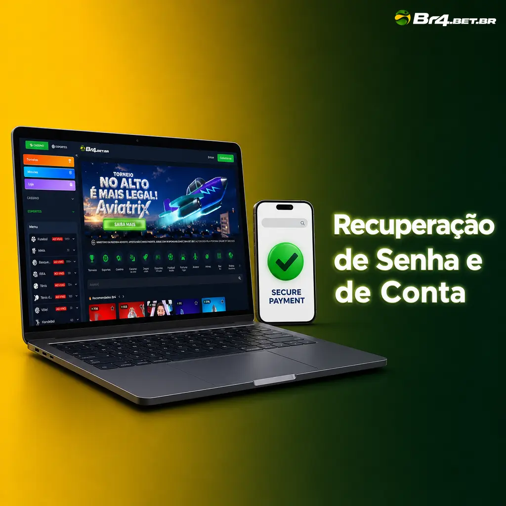 Tela de recuperação de senha e conta do BR4bet mostrando opções de redefinição por e-mail ou telefone