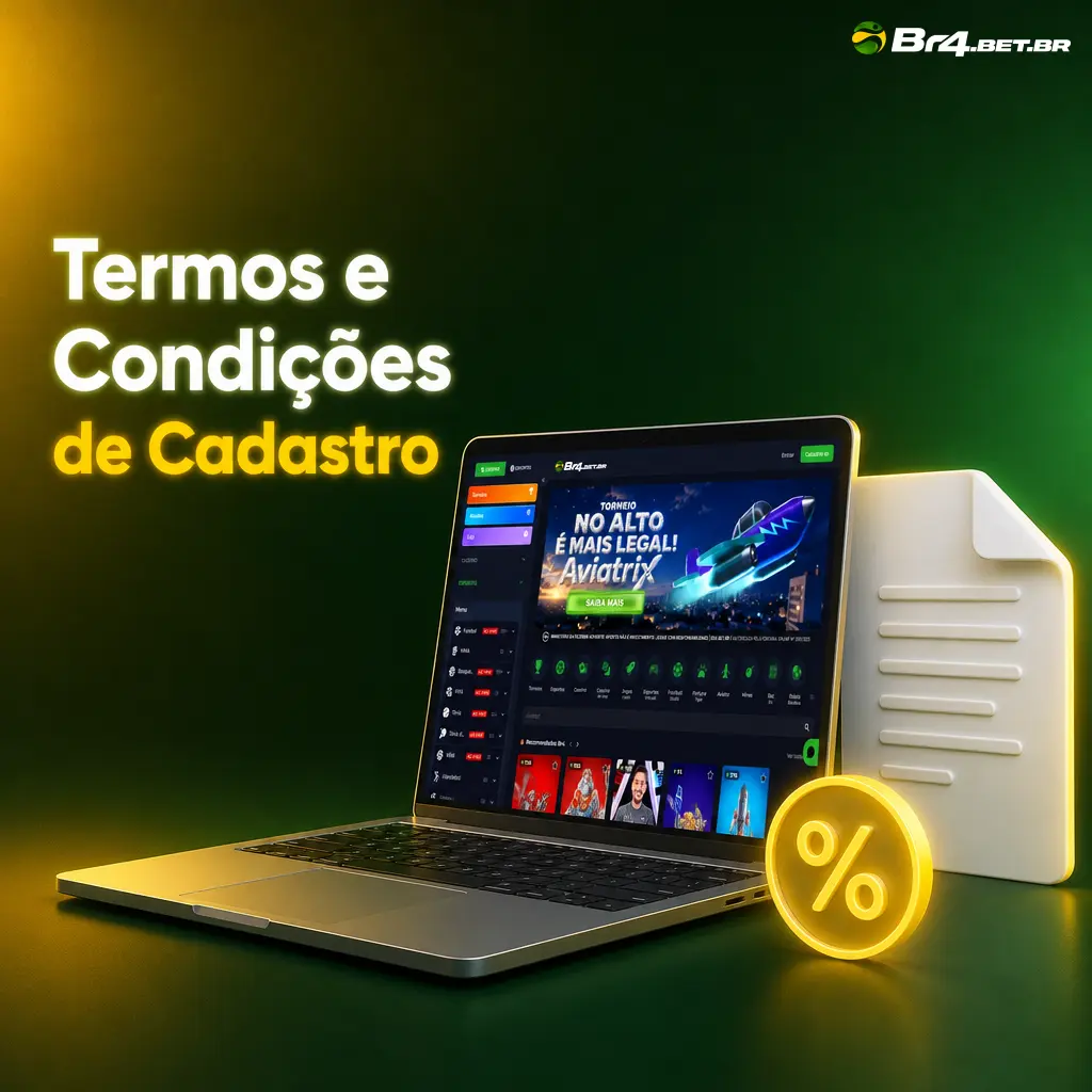 Documento de Termos e Condições de Cadastro da BR4bet, com regras sobre conta única, CPF e dados verídicos do jogador.