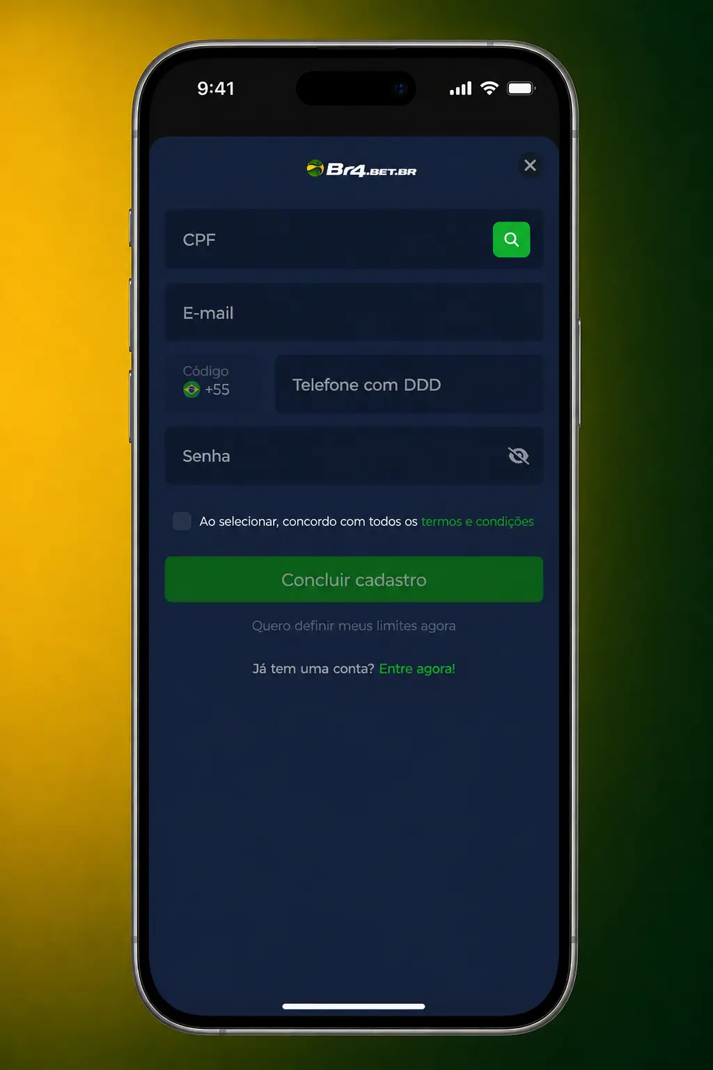Passo a passo para criar conta no BR4bet: clique em Registrar e preencha CPF, e-mail e senha.