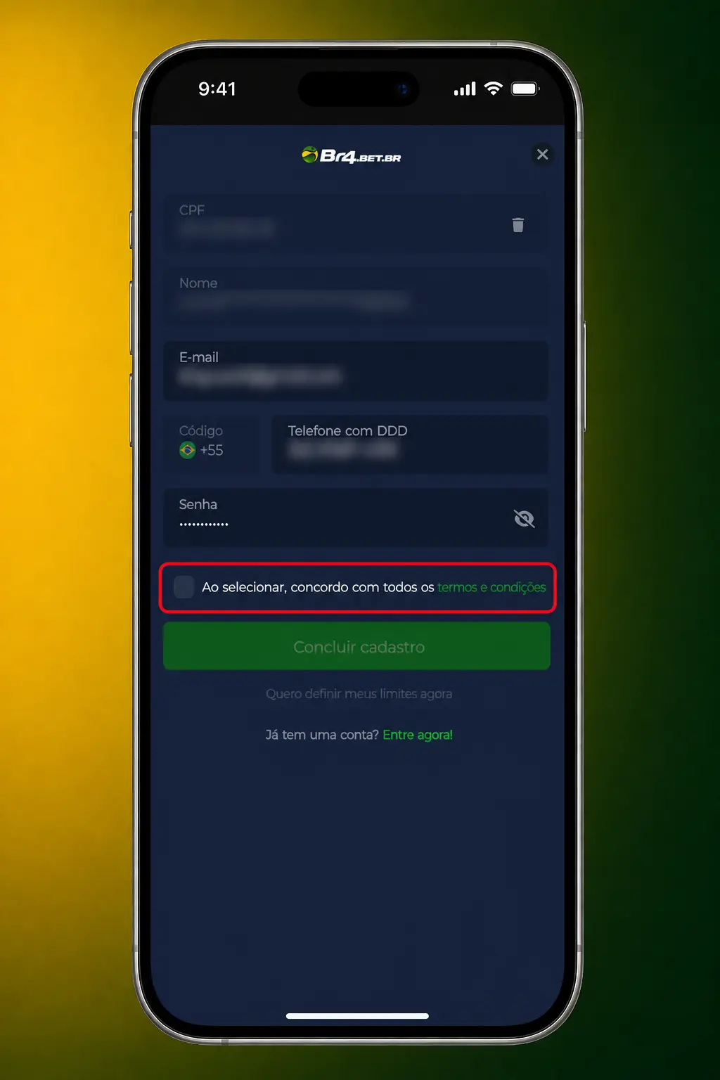Passo a passo para criar conta no BR4bet: registrar, informar CPF e dados, aceitar termos e confirmar cadastro.