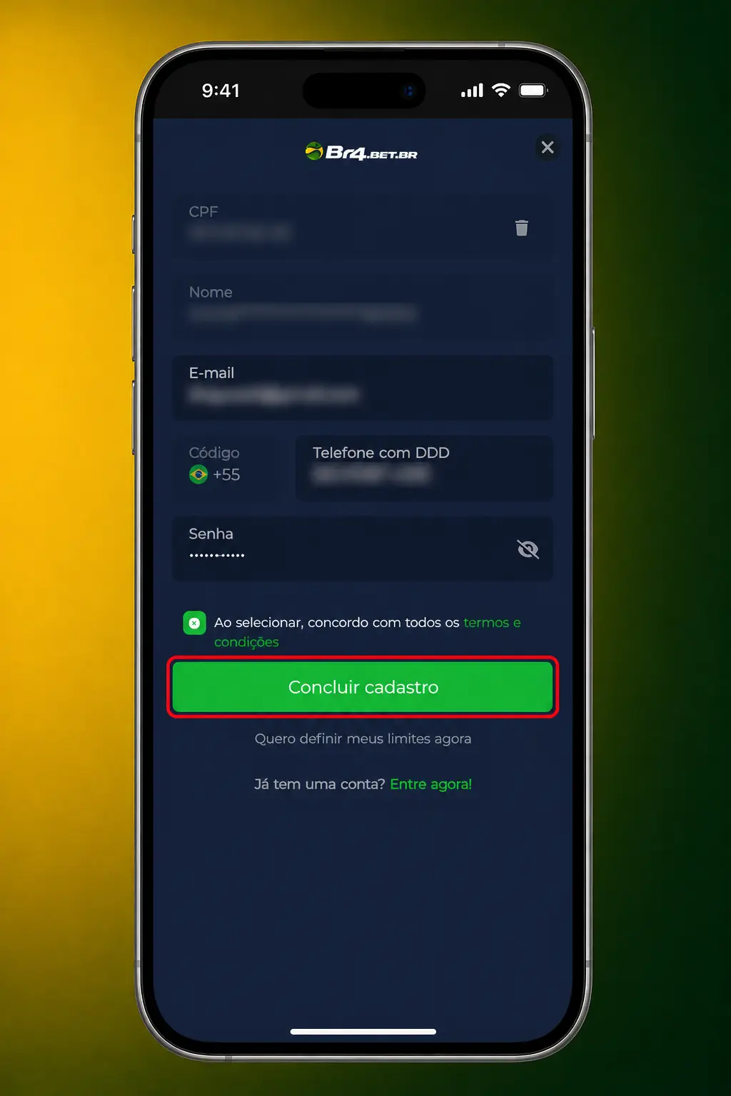 Passo a passo para criar conta no BR4bet: registrar, informar dados, aceitar termos e confirmar cadastro.