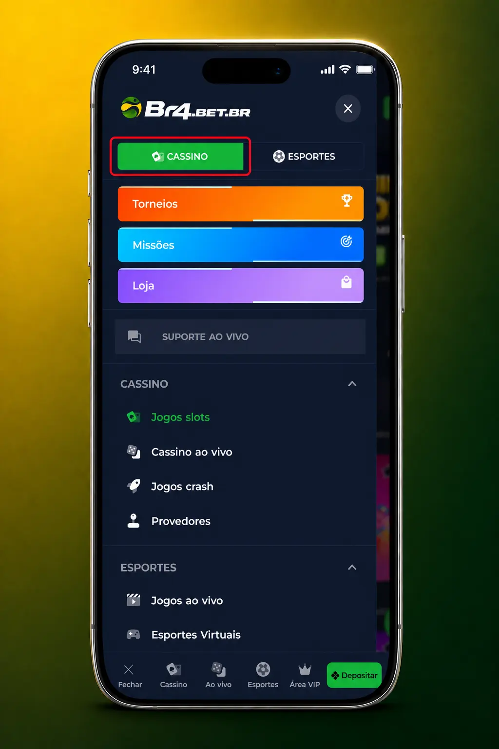 Passo a passo de como jogar no cassino BR4bet, mostrando caça-níqueis, crash games e mesas ao vivo no site.
