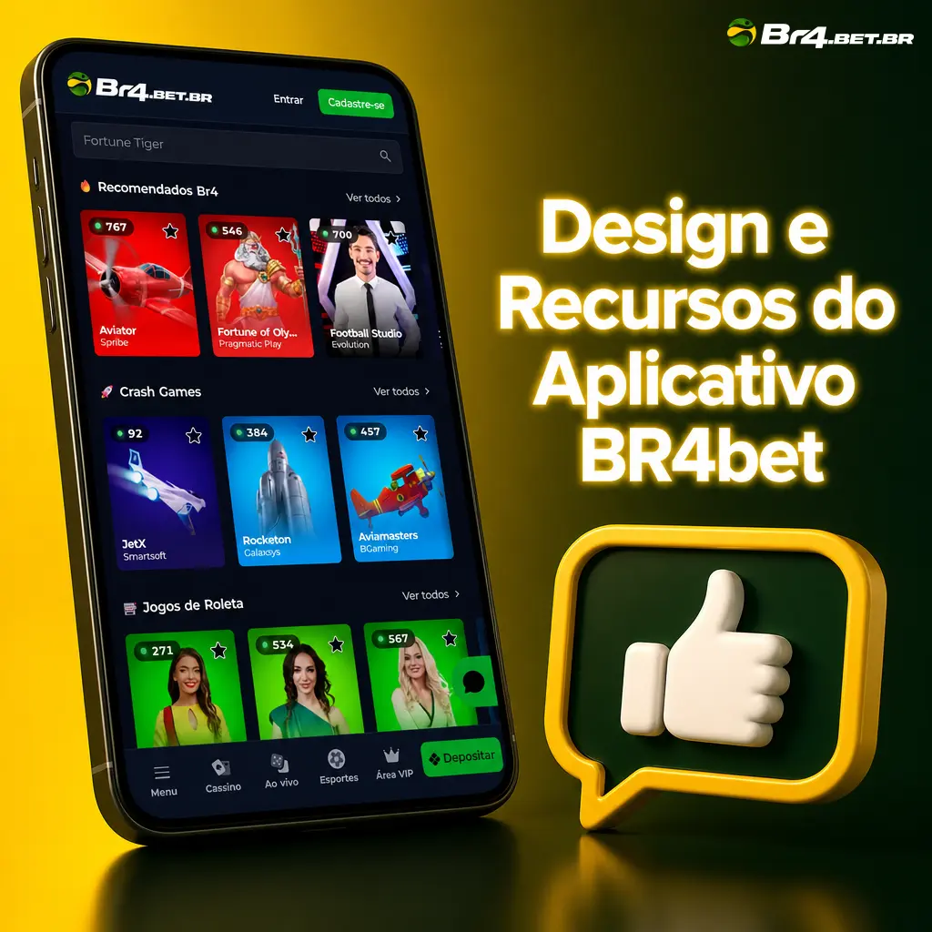 Interface do aplicativo BR4bet em verde e amarelo, mostrando apostas esportivas, cassino e carteira digital.