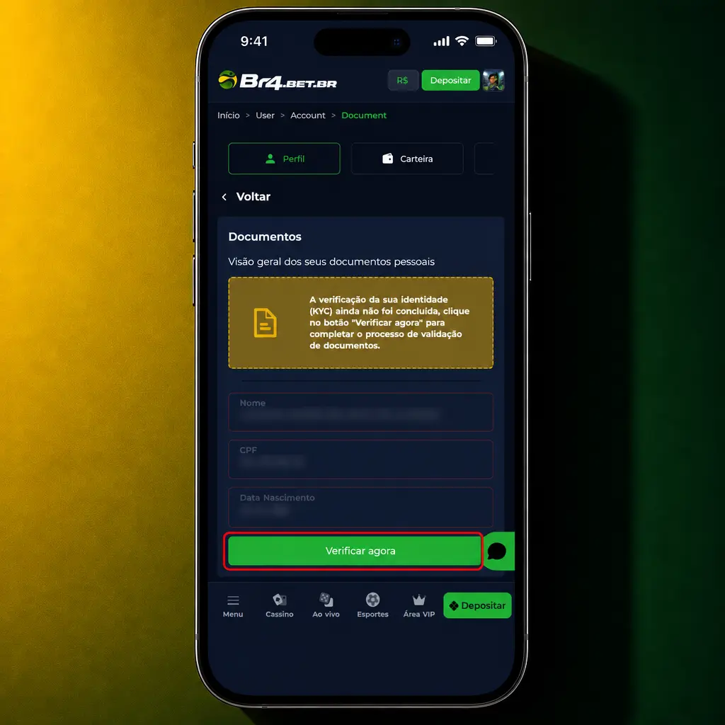 Passo a passo de verificação de conta na BR4bet com envio de documentos e comprovante de residência.