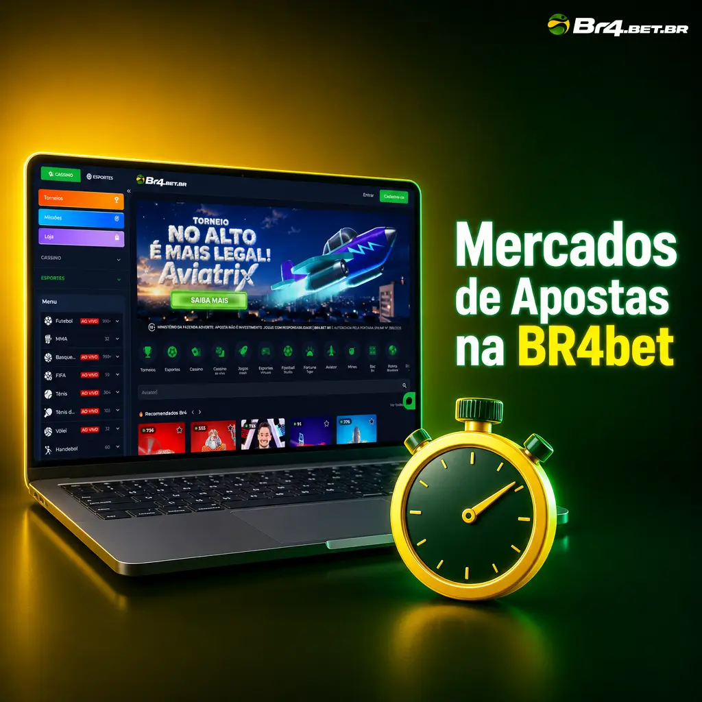 Mercados de apostas esportivas na BR4bet, incluindo 1X2, handicap, over/under, placar exato e ambas marcam