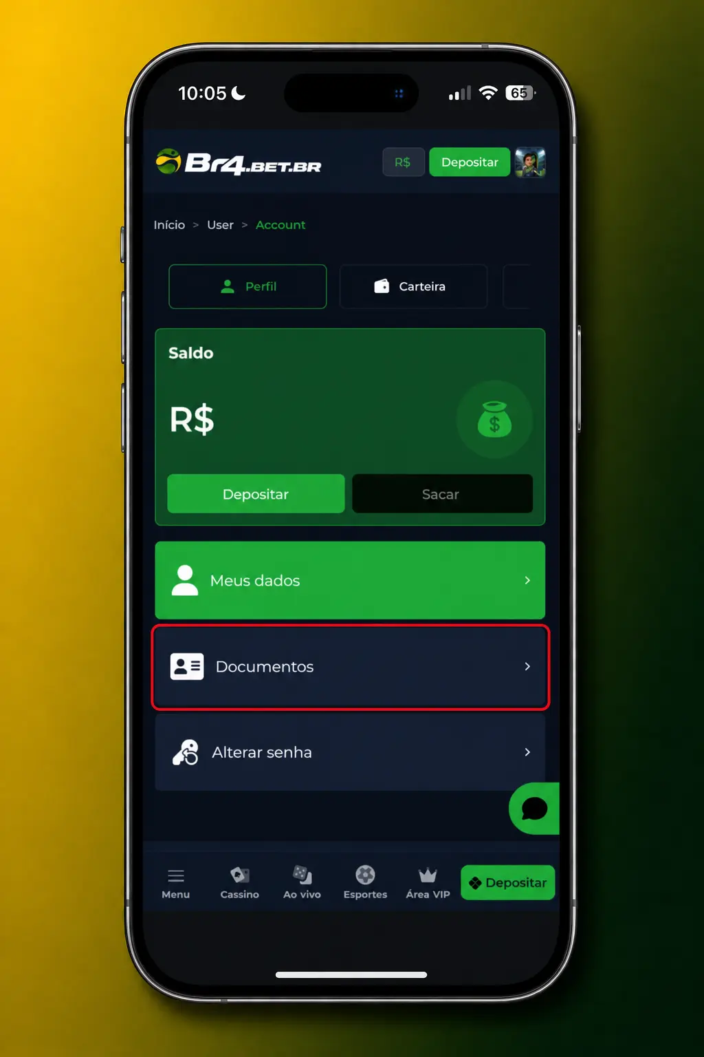 Passo a passo da verificação de conta (KYC) no BR4bet, com envio de documentos e comprovante de residência.