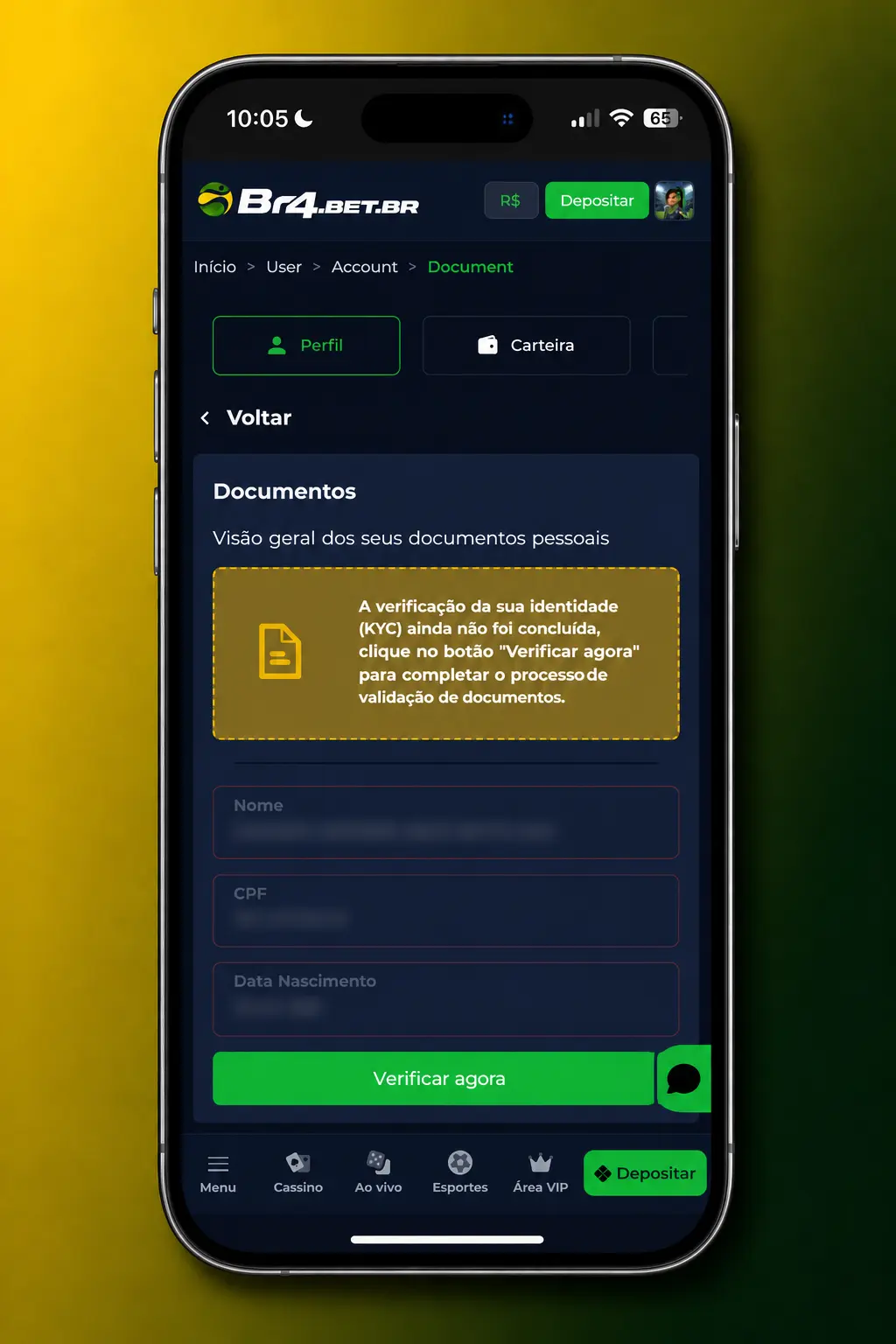 Passo a passo da verificação de conta KYC no BR4bet com envio de documentos e comprovante de residência
