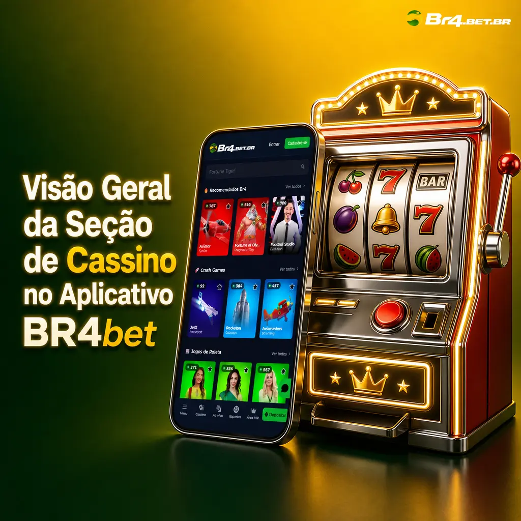 Visão geral da seção de cassino no app BR4bet com slots, crash games, mesas ao vivo e jackpots no celular.